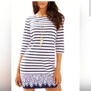 Lilly Pulitzer Beacon Mini Dress, Serene Stripe, 3/4 sleeve, Size Medium, EUC